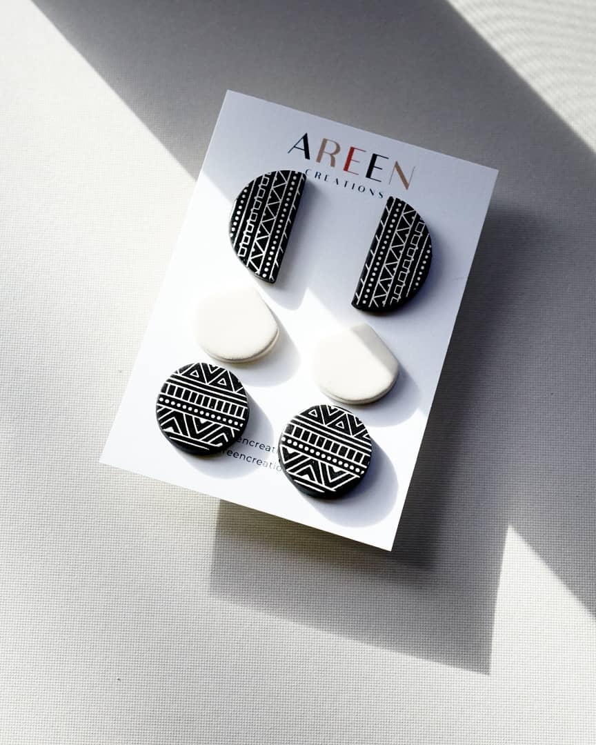 Black Aztec Polymer Clay Stud Earrings, Pierced or Non Pierced Clip on Titanium Posts